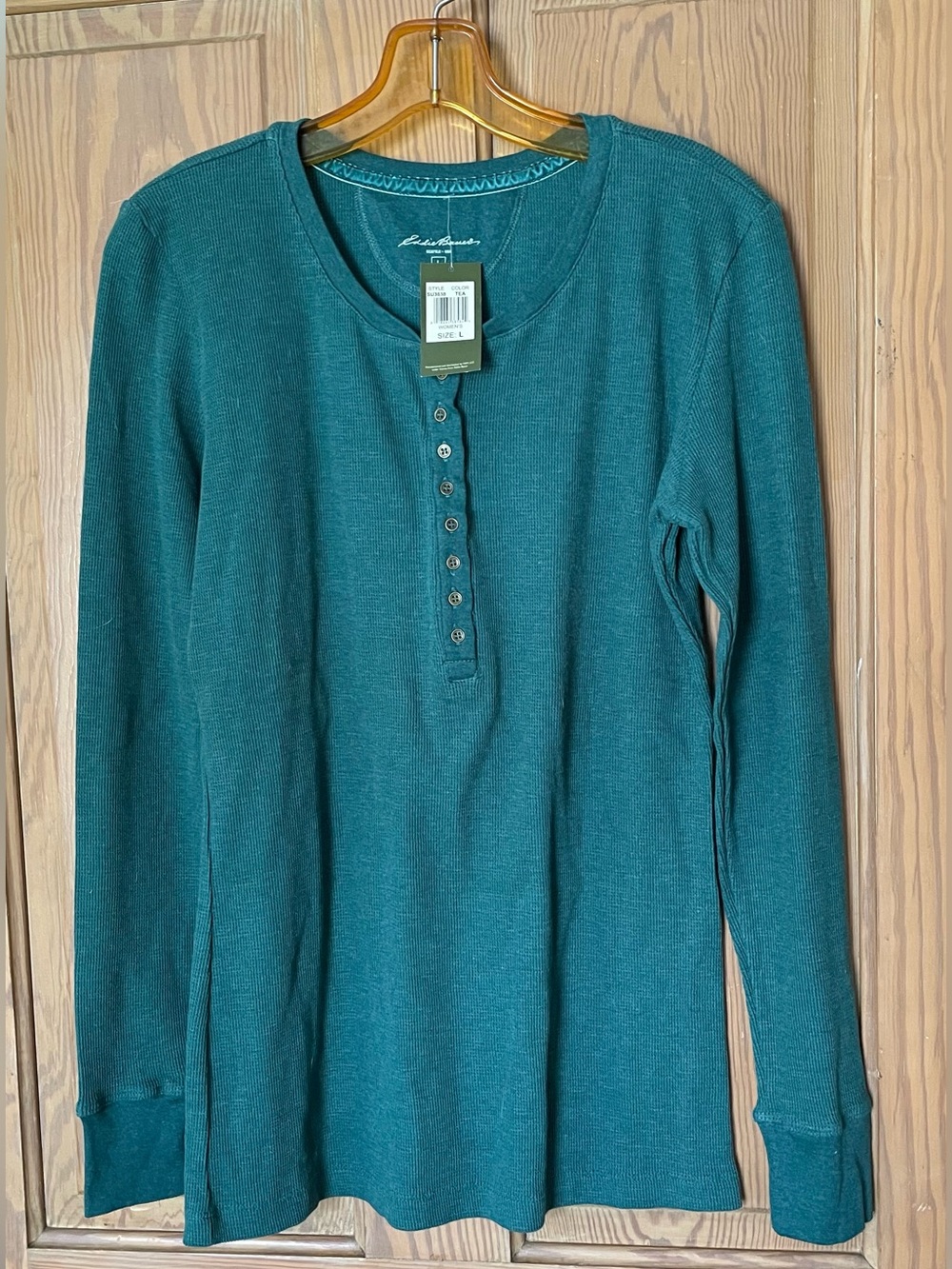 Eddie Bauer Button Front Waffle Weave Henley, NWT, Large, Green